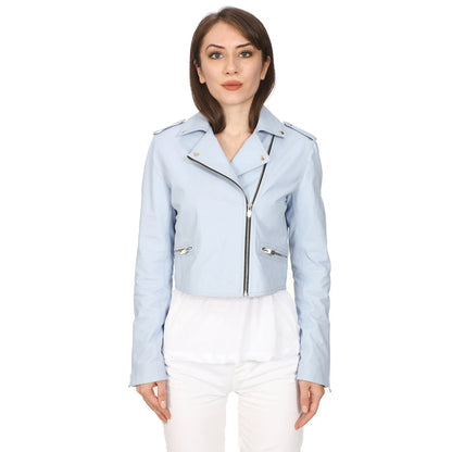 Women’s Real Ice Blue Leather Biker Jacket