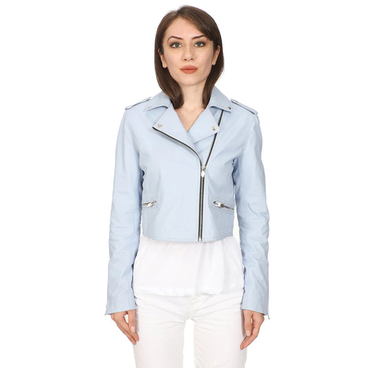 Women’s Real Ice Blue Leather Biker Jacket