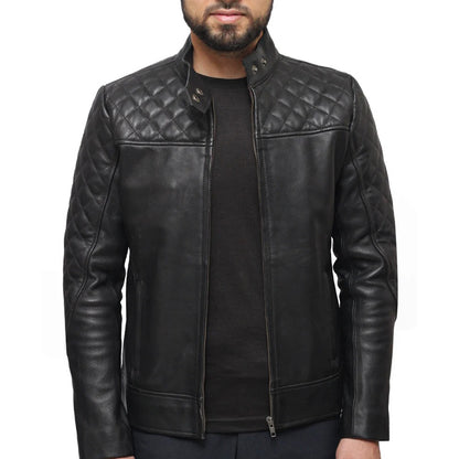 Mens Quilted Black Leather Jacket
