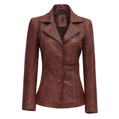 Women's Cognac Brown Leather Blazer