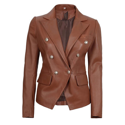 Women's Double Breasted Brown Leather Blazer Jacket