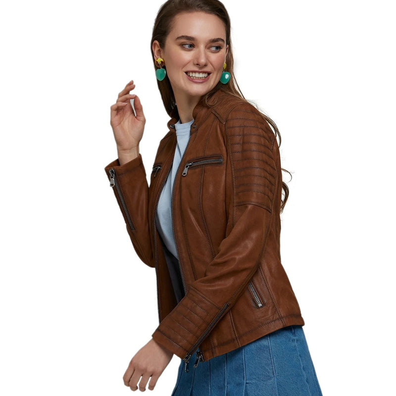 Women’s Real Brown Leather Moto Style Jacket