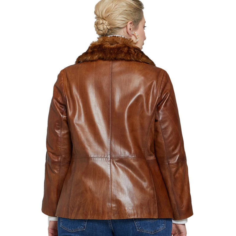Women’s Real Brown Leather Fur Collar Jacket