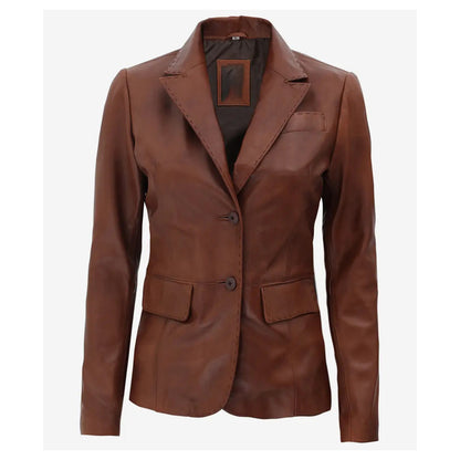 Womens Premium Two Button Brown Leather Blazer